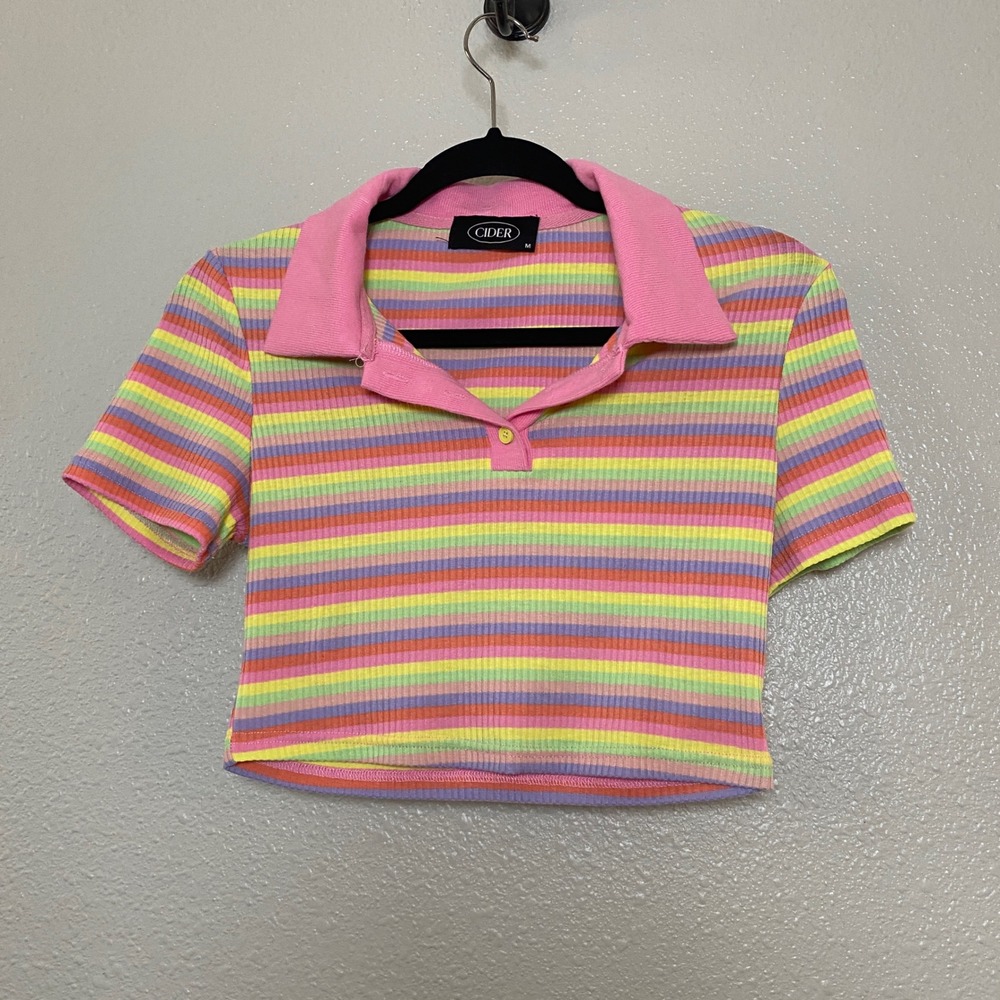 Cider Pastel Striped Cropped Polo Size Medium Kawaii Rainbow Y2K Kidcore Retro